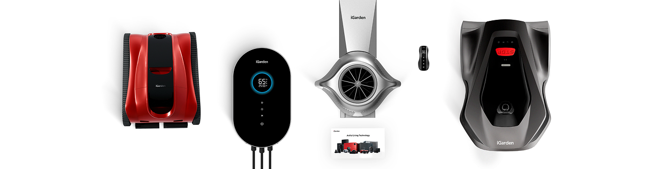 Vue d'ensemble de toutes les catégories de produits iGarden, incluant les tondeuses robotisées, les nettoyeurs de piscine et les jets de nage intelligents.