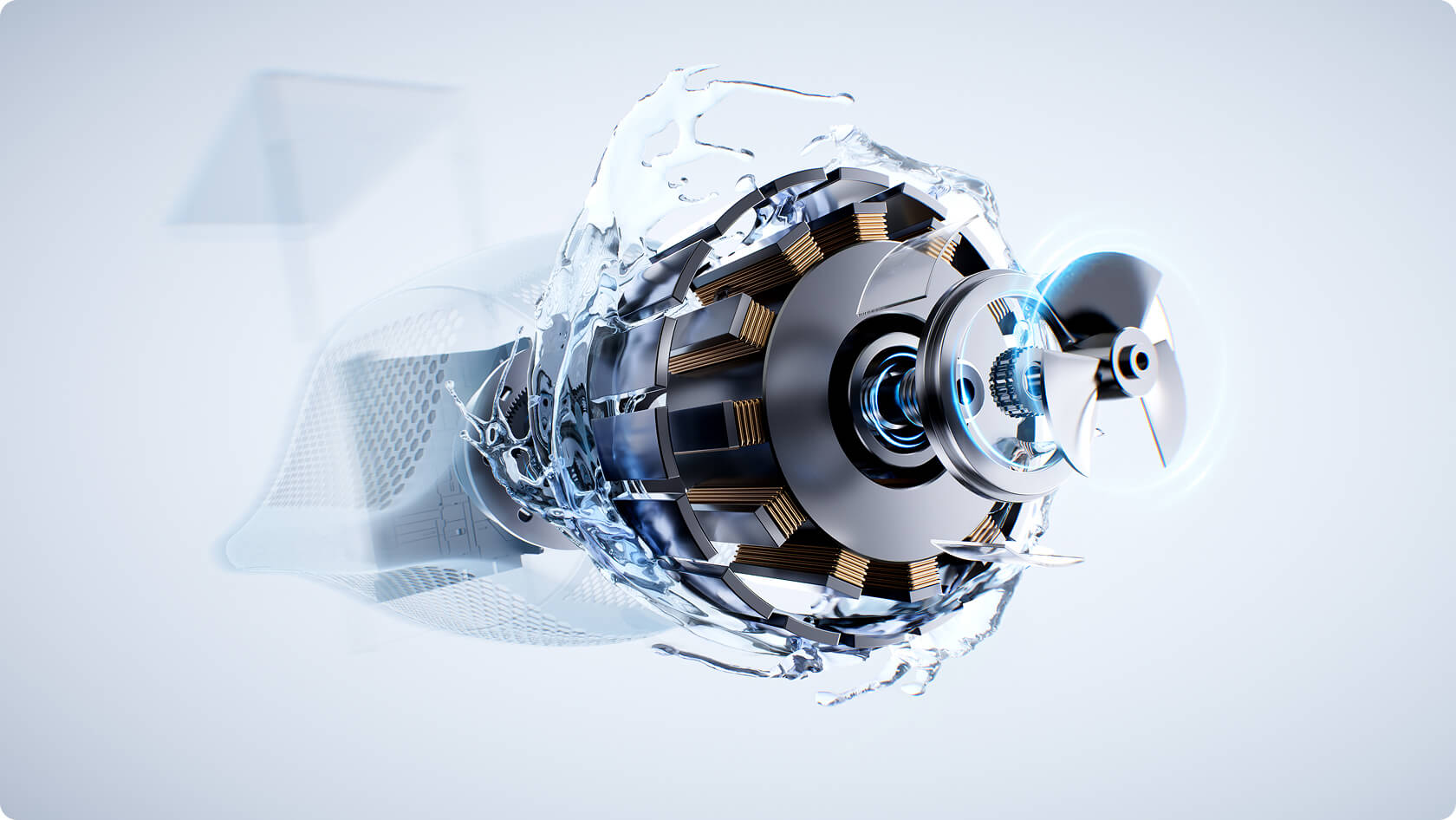 Close-up of the streamlined flow maker nozzle generating smooth water current on the P Series