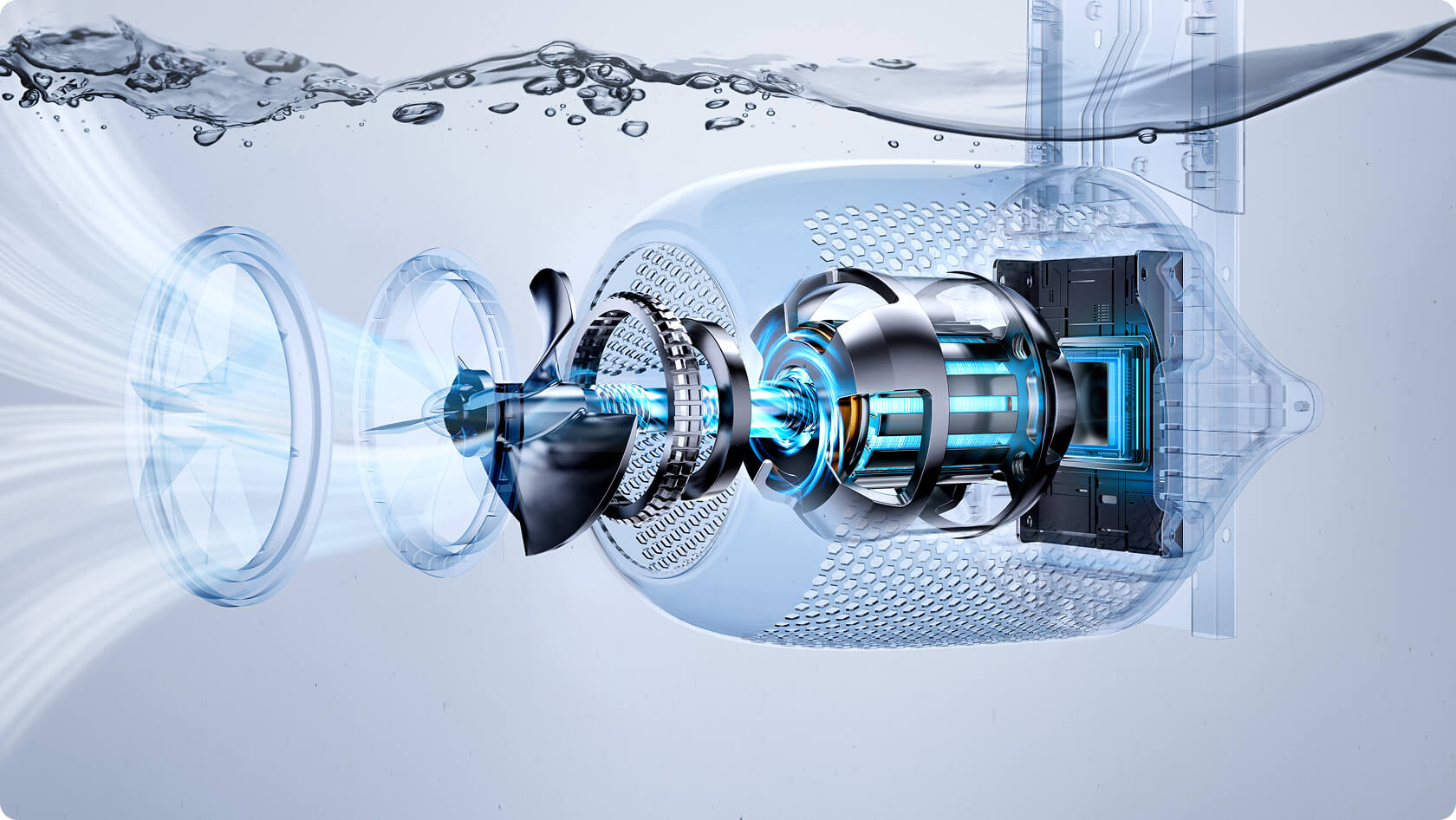 Internal transparent view showcasing the AI Inverter technology and PMSM motor of the iGarden Swim Jet P Series