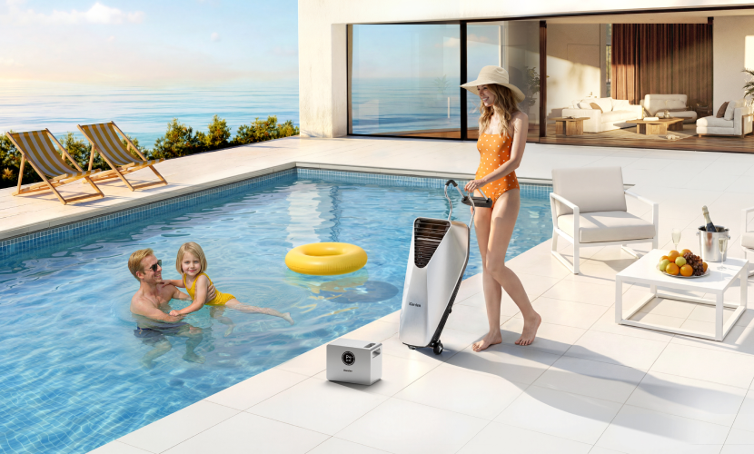 Suitcase-style wheels and handle for easy portability of iGarden Swim Jet