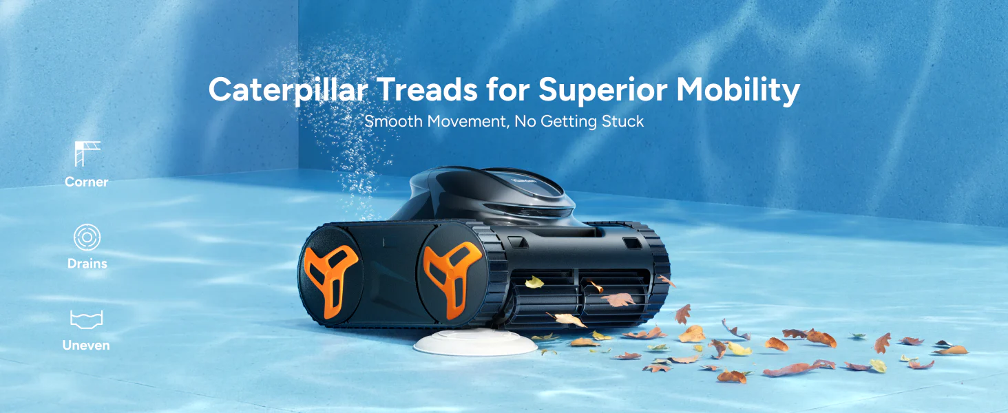 The iGarden cleaner pool robot KN Series utilizing continuous caterpillar treads to ensure smooth movement over challenging obstacles like main drains and uneven floors.