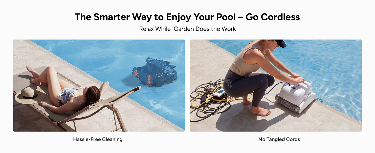 A pool owner relaxing while the smart iGarden KN Series pool vacuum robot performs hassle-free, cordless cleaning in the background.
