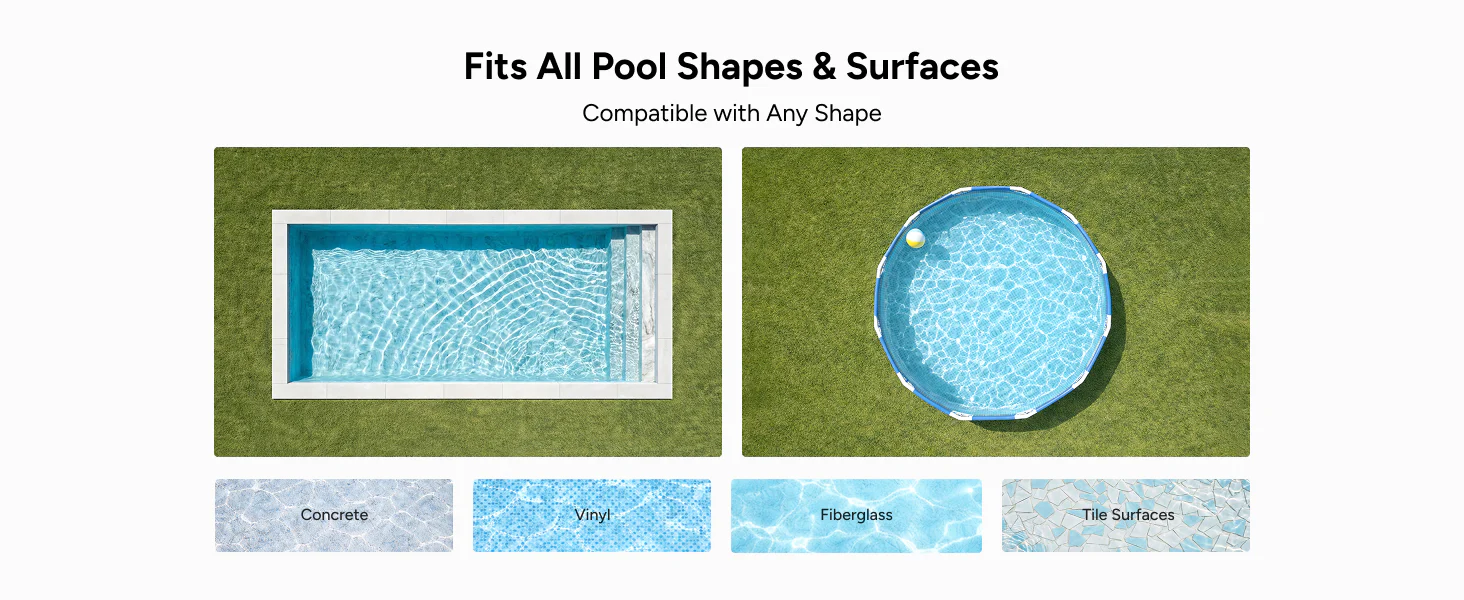 The iGarden KN Series pool cleaner robot demonstrating its universal compatibility across all pool shapes and surface materials, including concrete, vinyl, fiberglass, and tile.