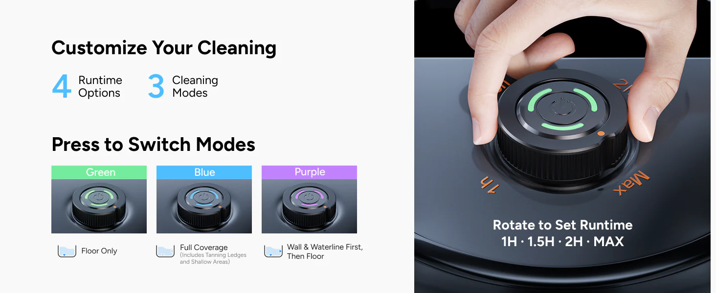 Detail of the iGarden automatic pool vacuum control panel, showing the center button to switch between three cleaning modes and the outer dial to set maximum runtime.