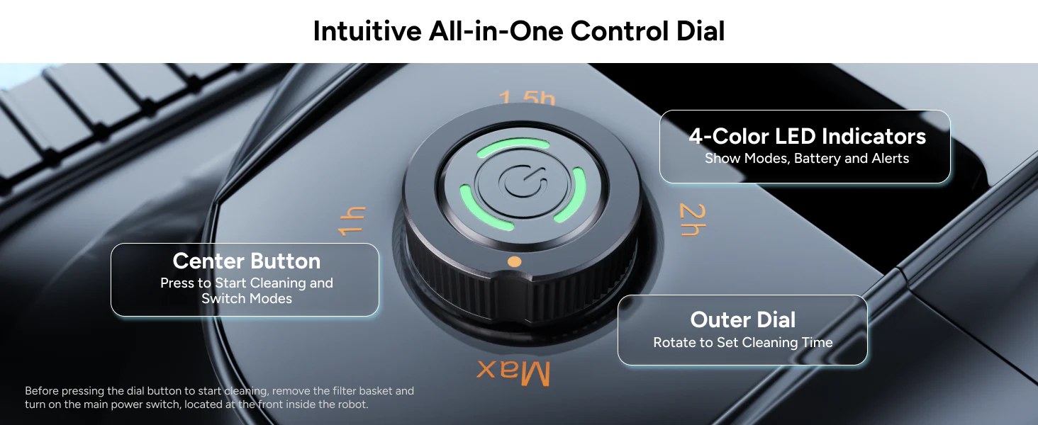 Close-up of the intuitive all-in-one control dial on the iGarden pool cleaner robot, featuring 4-color LED indicators for battery and modes.