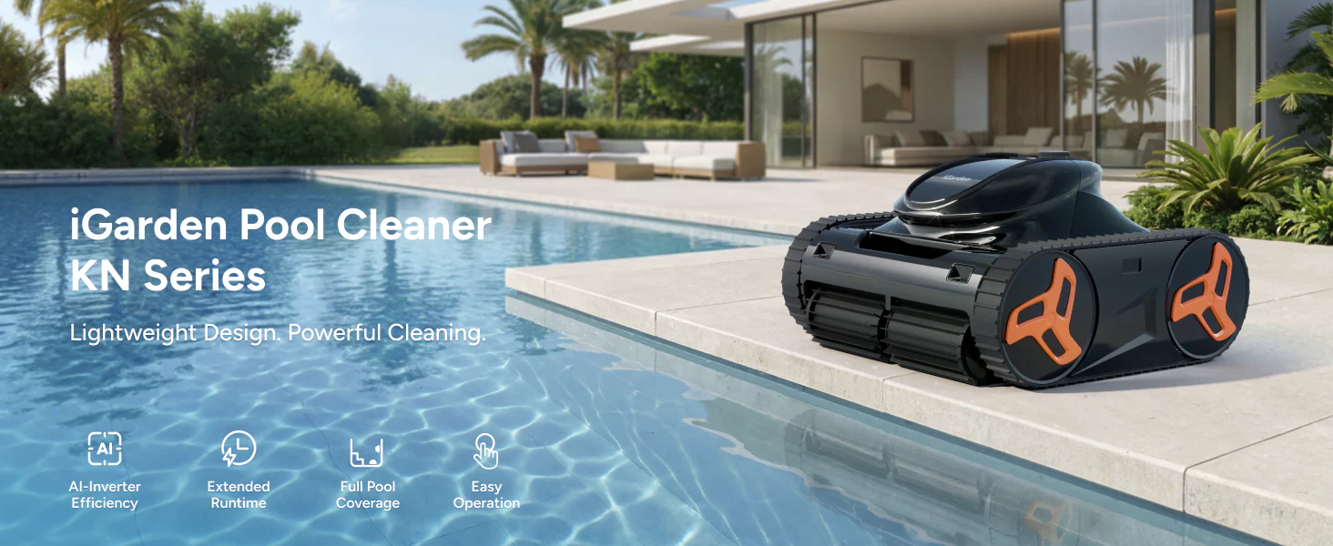 Features of the iGarden Pool Cleaner KN Series highlighting its lightweight design and powerful cleaning. This robotic pool vacuum cleaner includes AI-inverter efficiency, extended runtime, full pool coverage, and easy operation.
