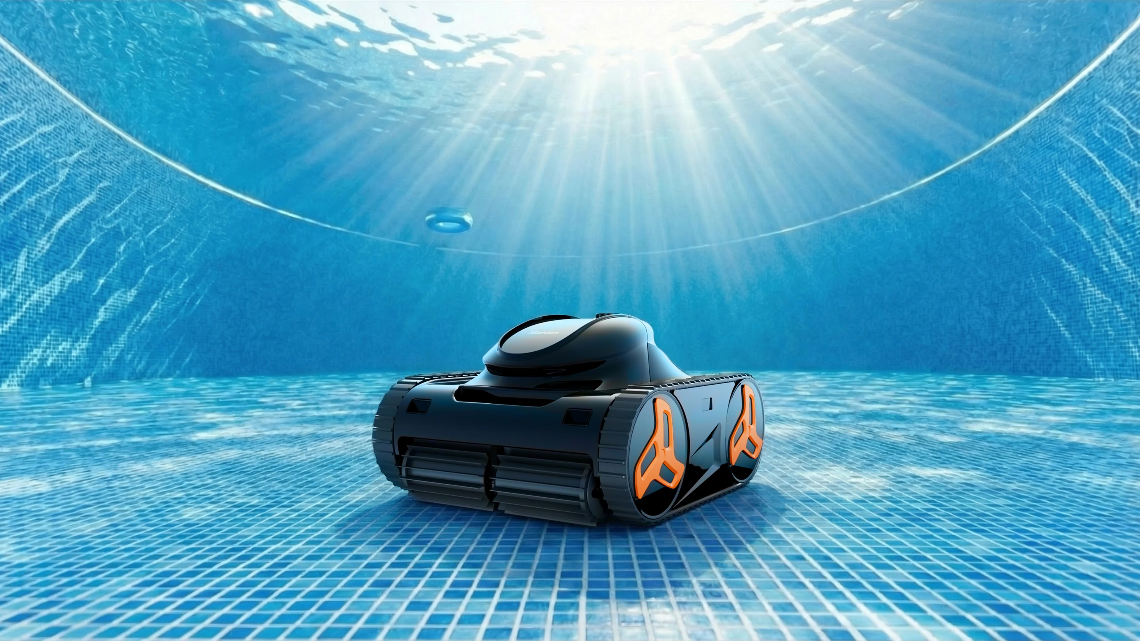 Underwater view of the iGarden KN Series cordless pool cleaner robot submerged in bright blue swimming pool water illuminated by sunlight.
