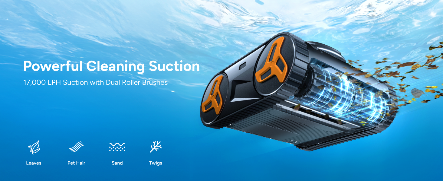 Underwater close-up of the iGarden automatic pool vacuum robot KN Series, demonstrating 17,000 LPH suction power by lifting sand, leaves, and twigs off the pool floor.