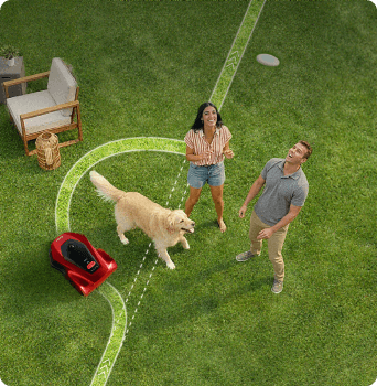 Serie iGarden L AWD evitando inteligentemente a un cachorro en el césped con reconocimiento avanzado de obstáculos