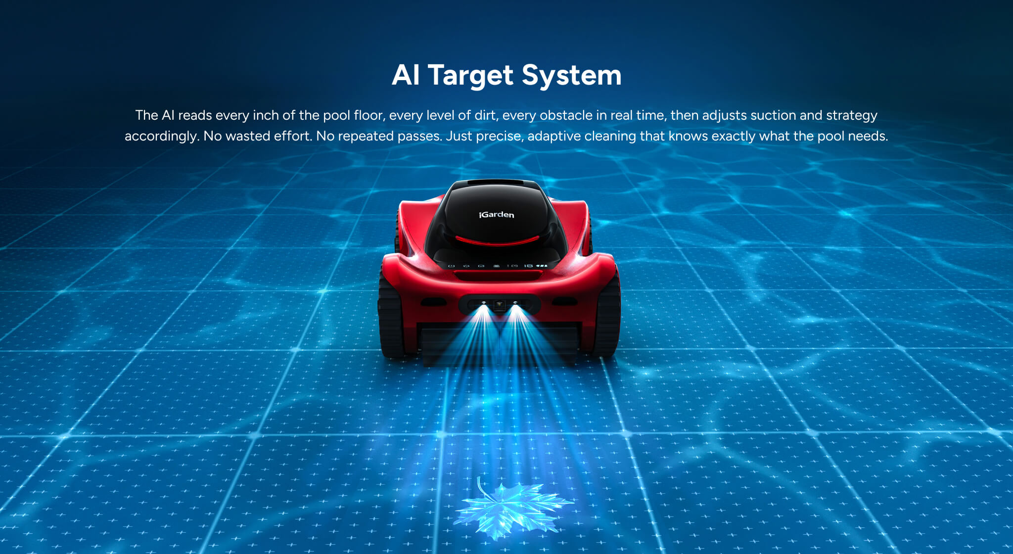 El robot para piscinas iGarden M1 AI Series emite líneas de escaneo azules que demuestran la planificación inteligente de caminos y la evitación de obstáculos