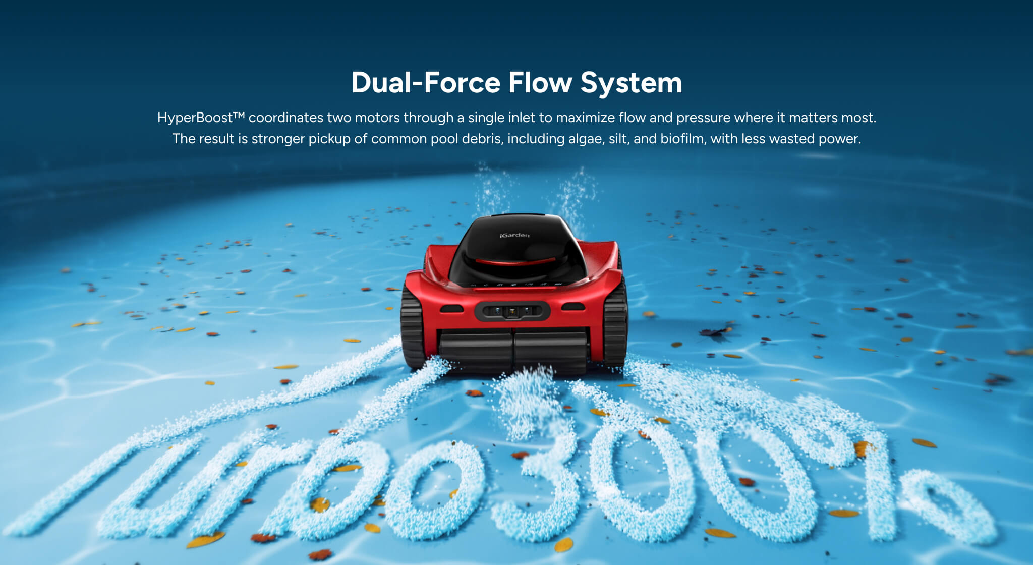 Sistema de flujo de fuerza dual iGarden M1 AI Series que demuestra una potencia de succión turbo del 300% en los desechos de la piscina