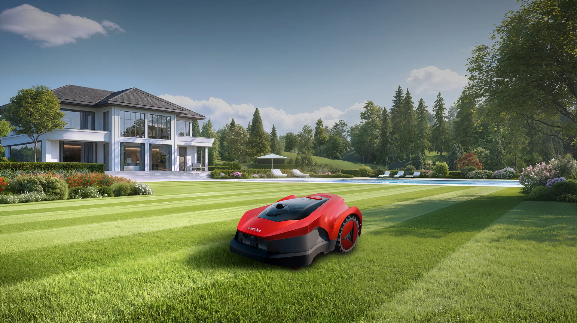 Cortacésped robótico iGarden L AWD Series funcionando en un césped impecable