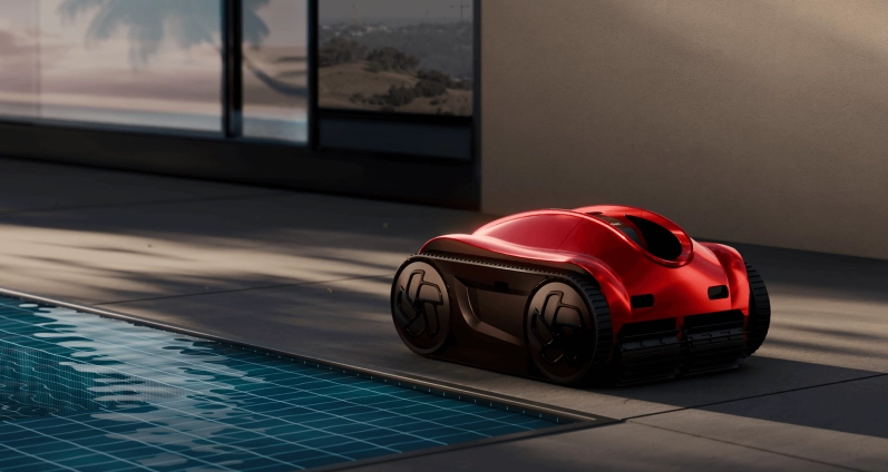 iGarden Pool Cleaner K Pro colocado junto a la piscina con capacidad de limpieza automática de 21 días