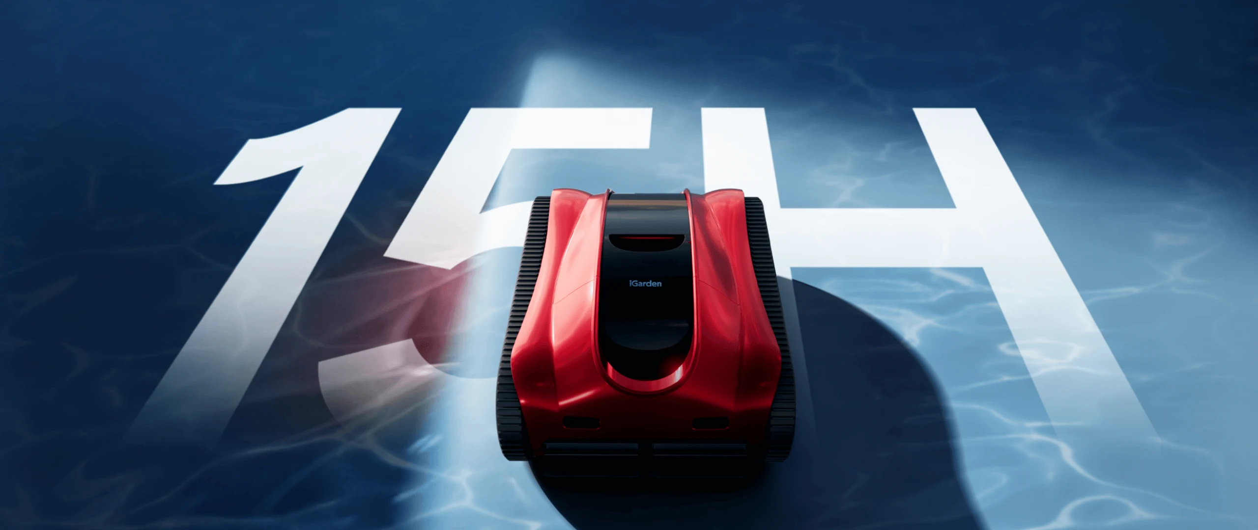 Vista superior de iGarden Pool Cleaner K Pro que muestra 15 horas de limpieza continua con una sola carga