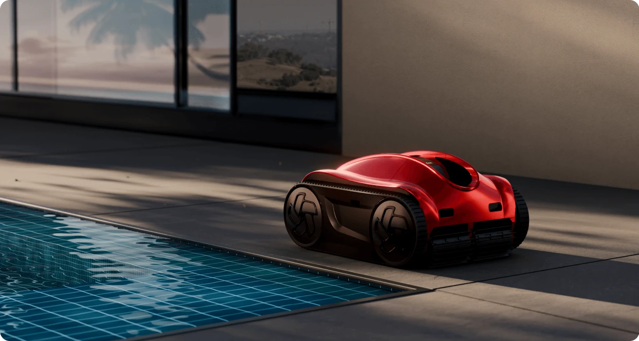 iGarden Pool Cleaner K Pro colocado junto a una piscina residencial, destacando la función de limpieza automática con temporizador AI de 21 días