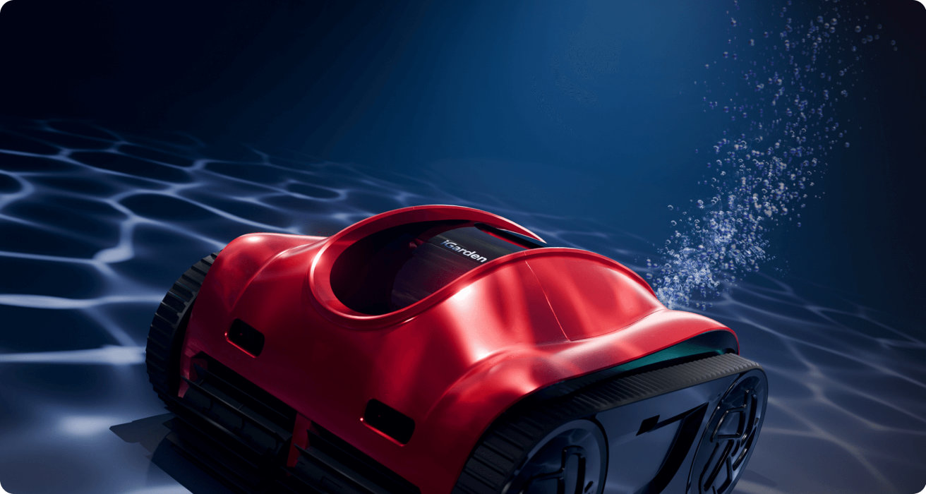 iGarden Pool Cleaner K Pro bajo el agua demuestra la propulsión hidrodinámica de chorro de cola para una limpieza eficiente de la piscina