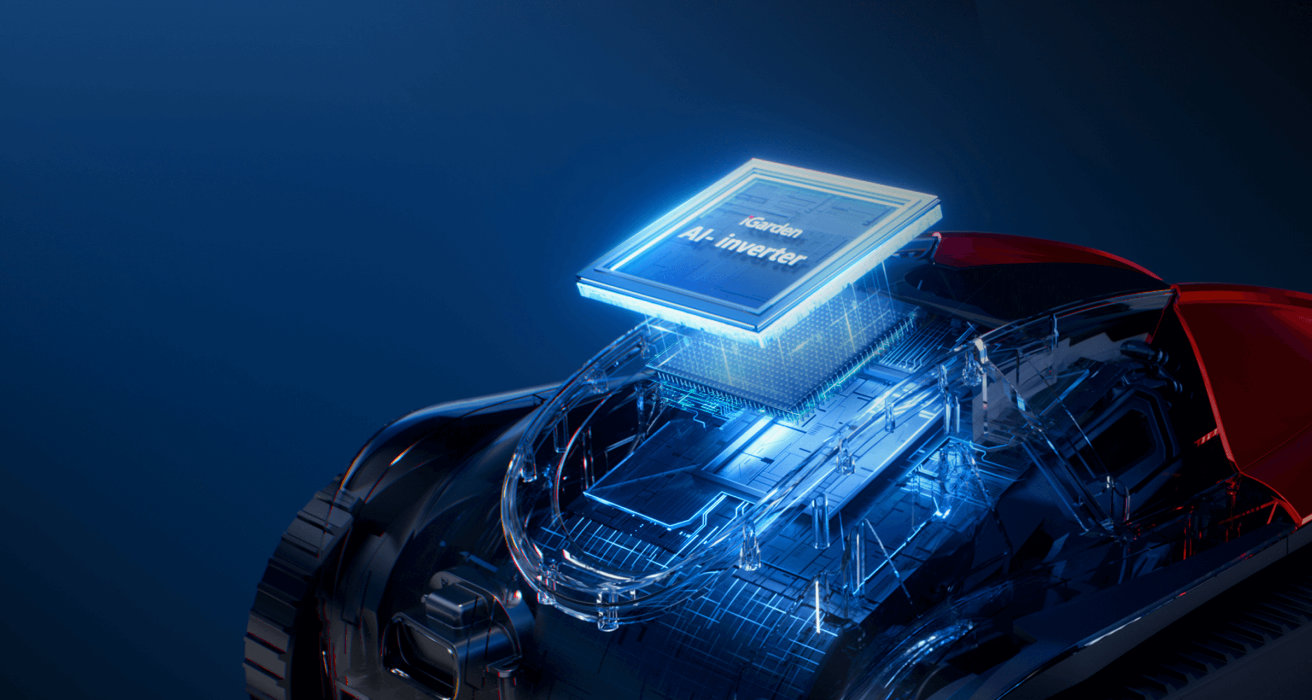 Vista interna transparente del iGarden Pool Cleaner K Pro que revela el chip central inteligente AI-Inverter avanzado
