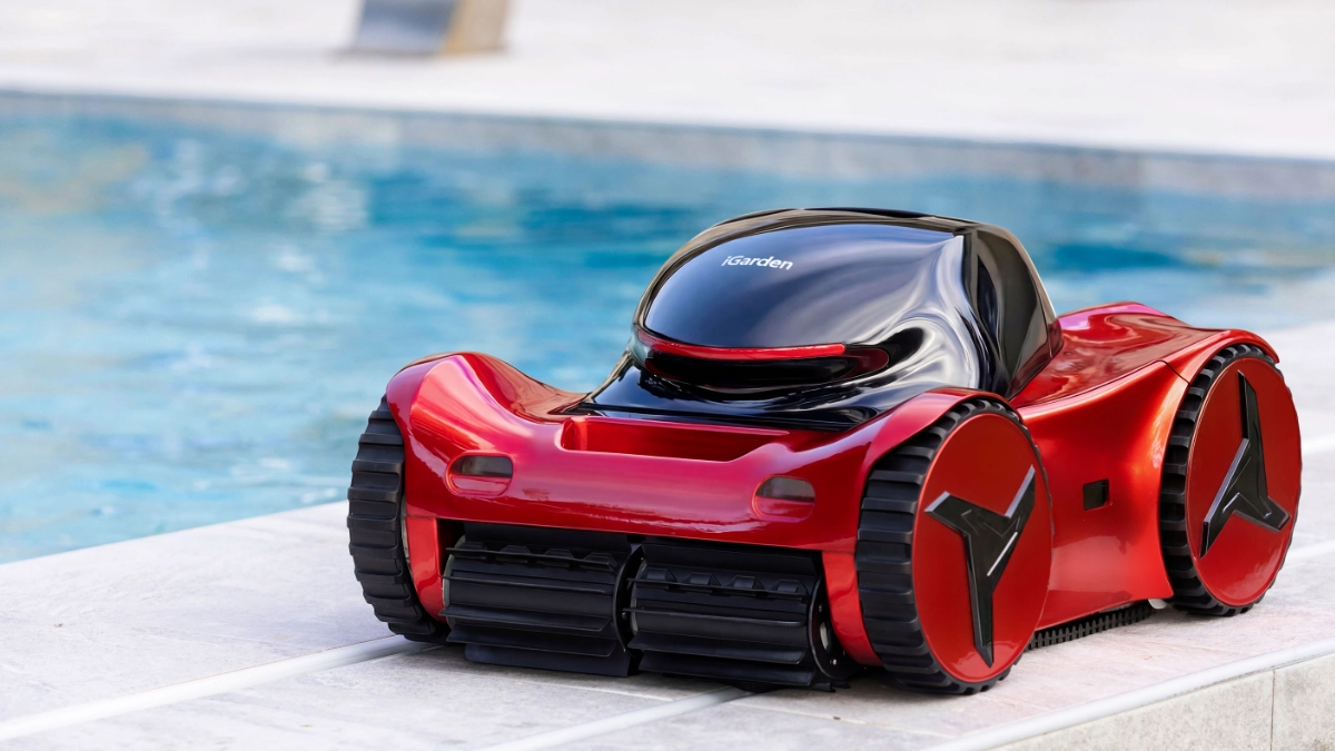 iGarden robotic pool cleaner M1-AI Series at the side of pool