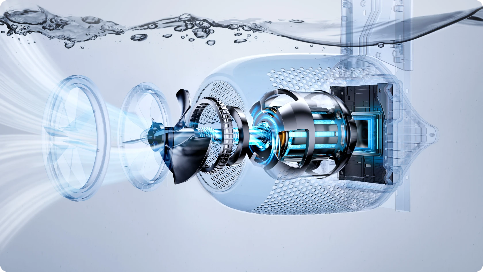 Interne transparente Ansicht, die die AI-Inverter-Technologie und den PMSM-Motor der iGarden Swim Jet P-Serie zeigt