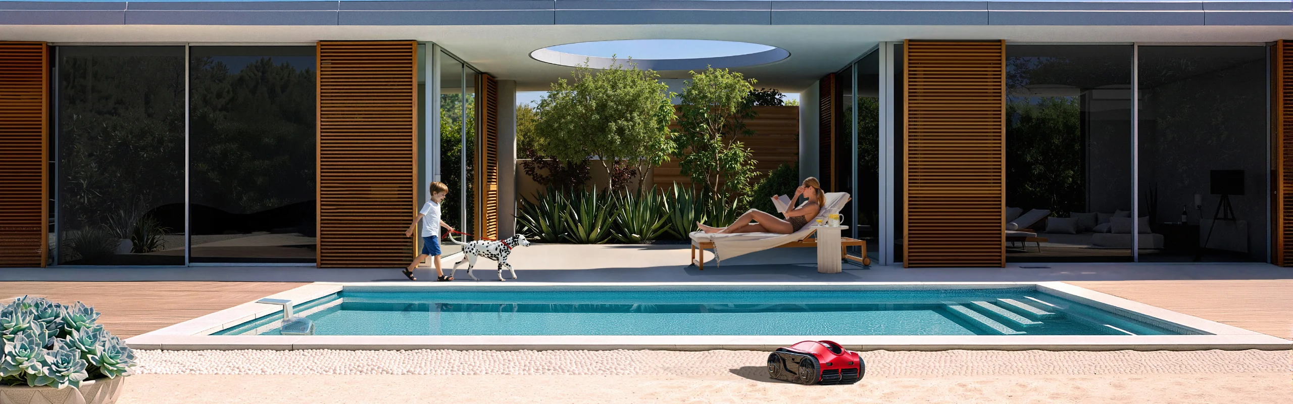 Family enjoying a relaxing poolside lifestyle with an iGarden robotic pool cleaner and swim jet showcasing Artful Living Technology