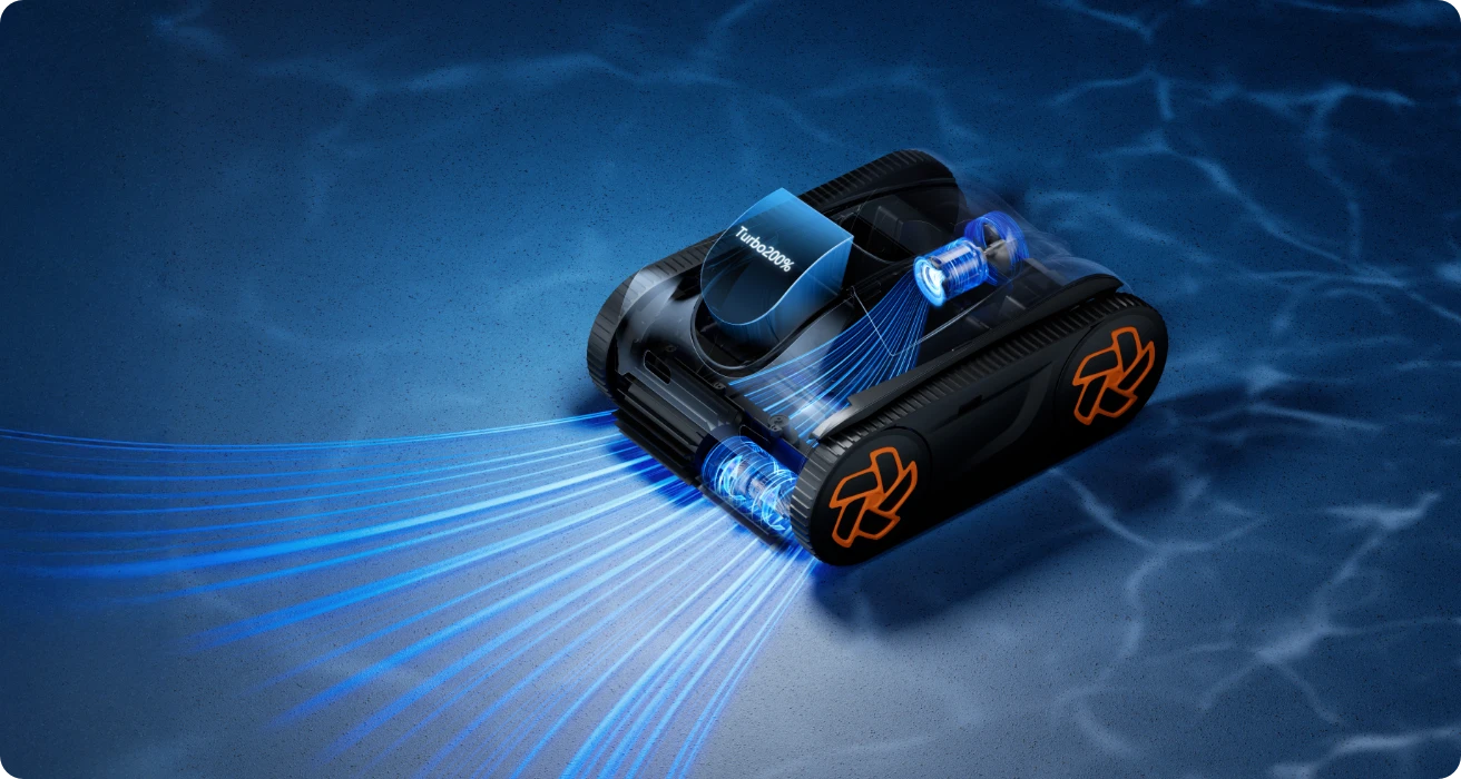 iGarden Pool Cleaner K Series emitting blue scanning lights showcasing customizable cleaning modes