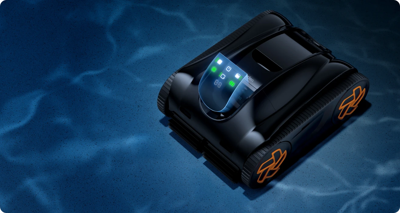 Top view of iGarden Pool Cleaner K Series with glowing touch panel demonstrating turbo suction