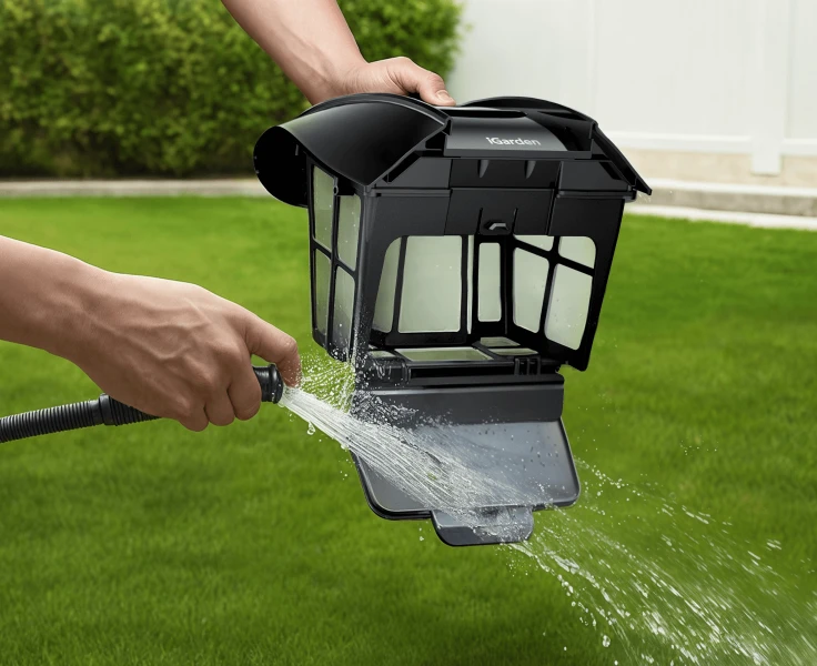 User effortlessly rinsing the iGarden Pool Cleaner K Series filter basket with a garden hose