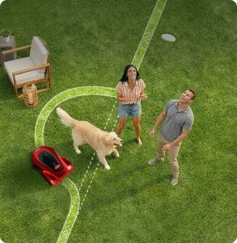iGarden L AWD Series smartly avoiding a puppy on the lawn with advanced obstacle recognition