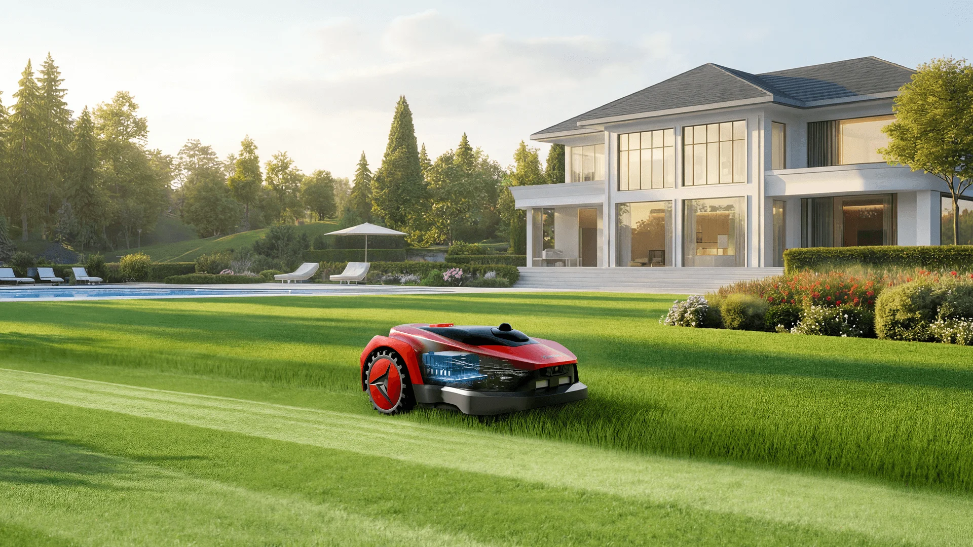 iGarden L AWD Series robotic lawn mower operating on a pristine lawn with powerful battery can support 8 hours continous mowing