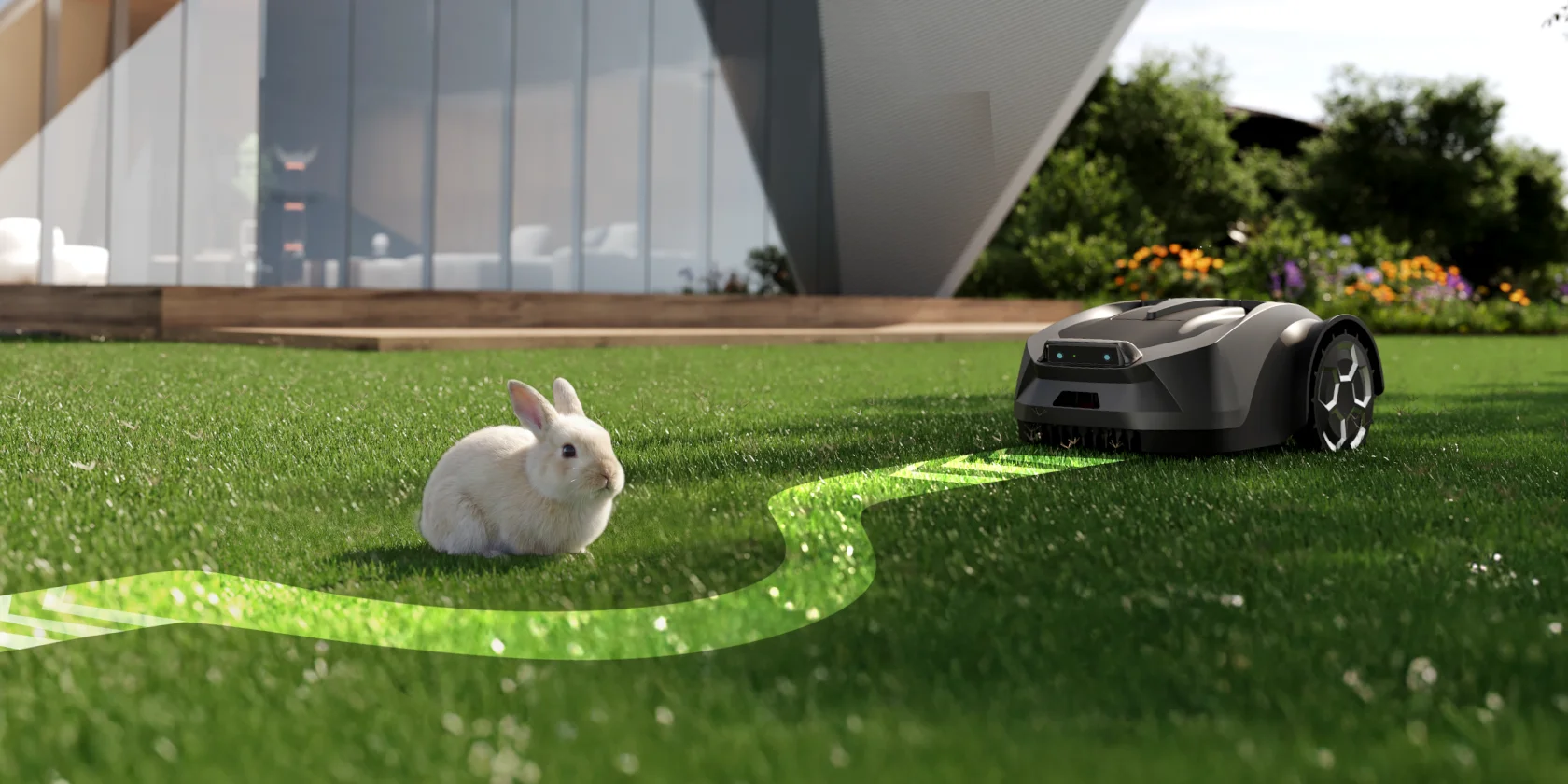 Der Robotermäher der iGarden R-Serie navigiert sicher durch einen großen Rasen, während Haustiere spielen