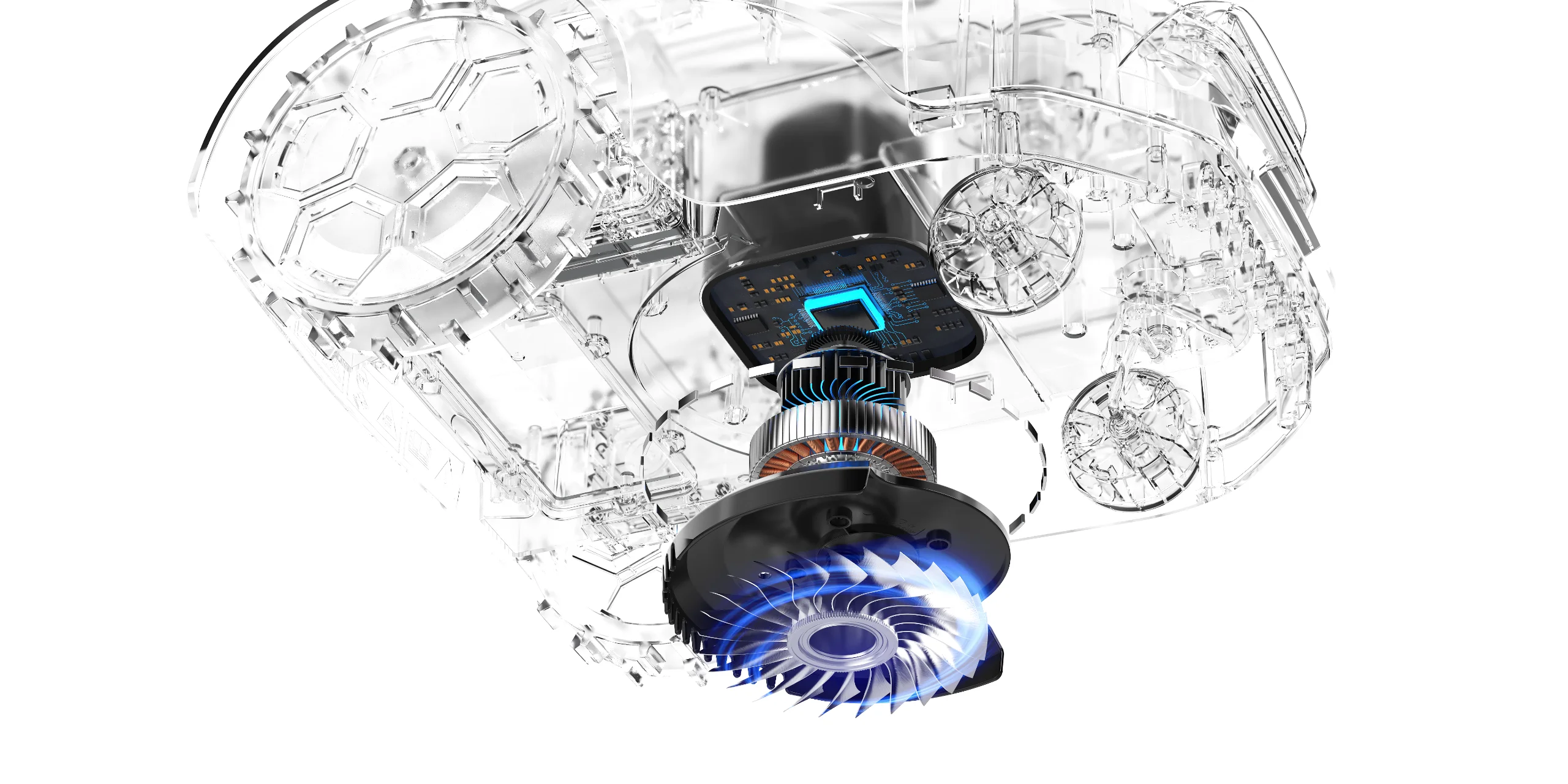 Nahaufnahme des Hochleistungsmotors des Robotermähers der iGarden R-Serie