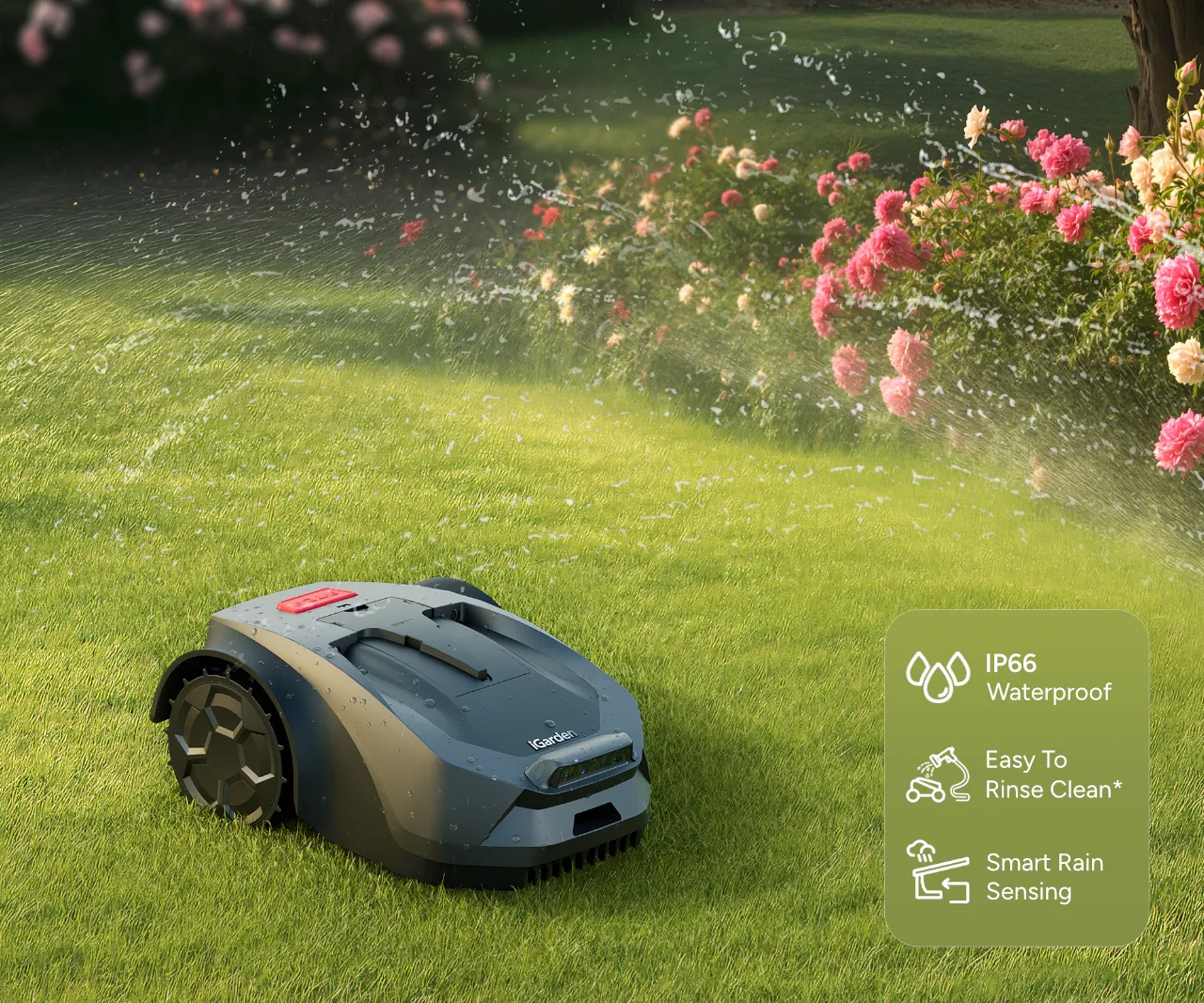 Der Rasenmäherroboter der iGarden R-Serie ist wasserdicht nach IP66 und leicht zu reinigen