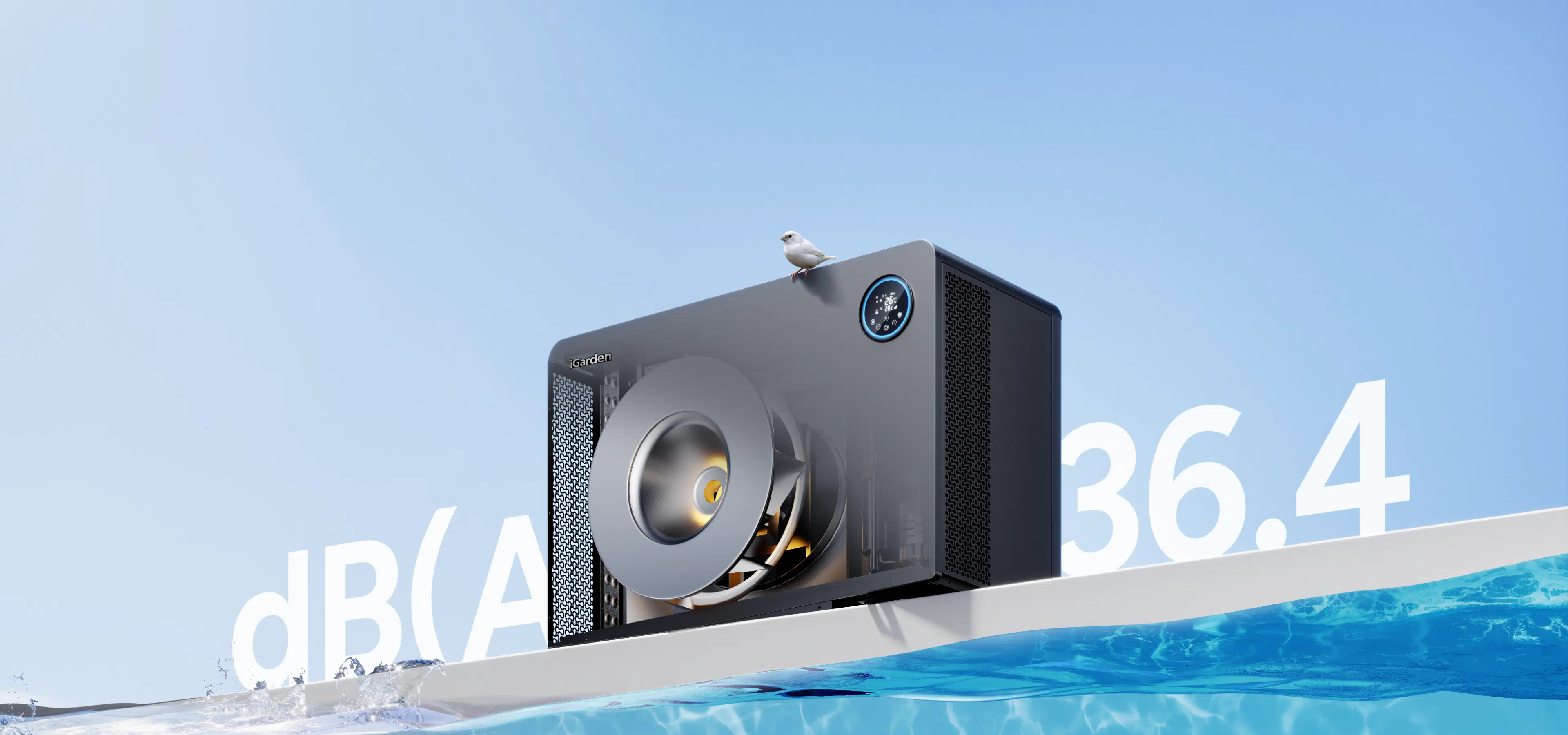 Uma ilustração da silenciosa bomba de calor para piscina iGarden M30 operando a 36.4 dB(A), com um pequeno pássaro descansando pacificamente em cima.