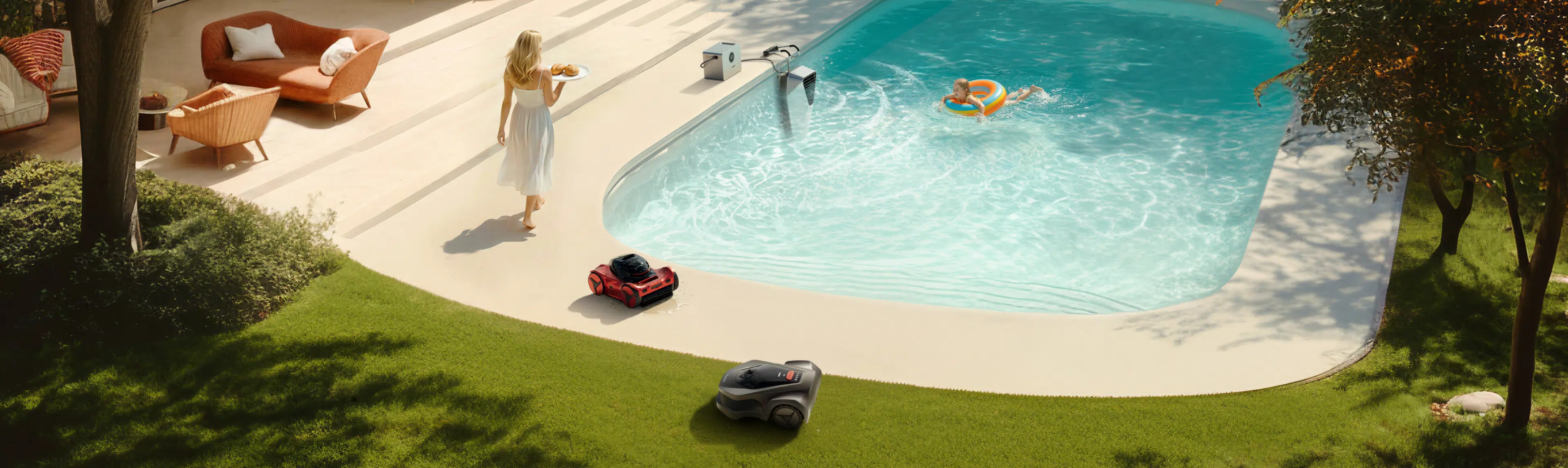 A family relaxes by the pool while the iGarden eco-smart garden system, featuring the iGarden pool cleaner, maintains their backyard.