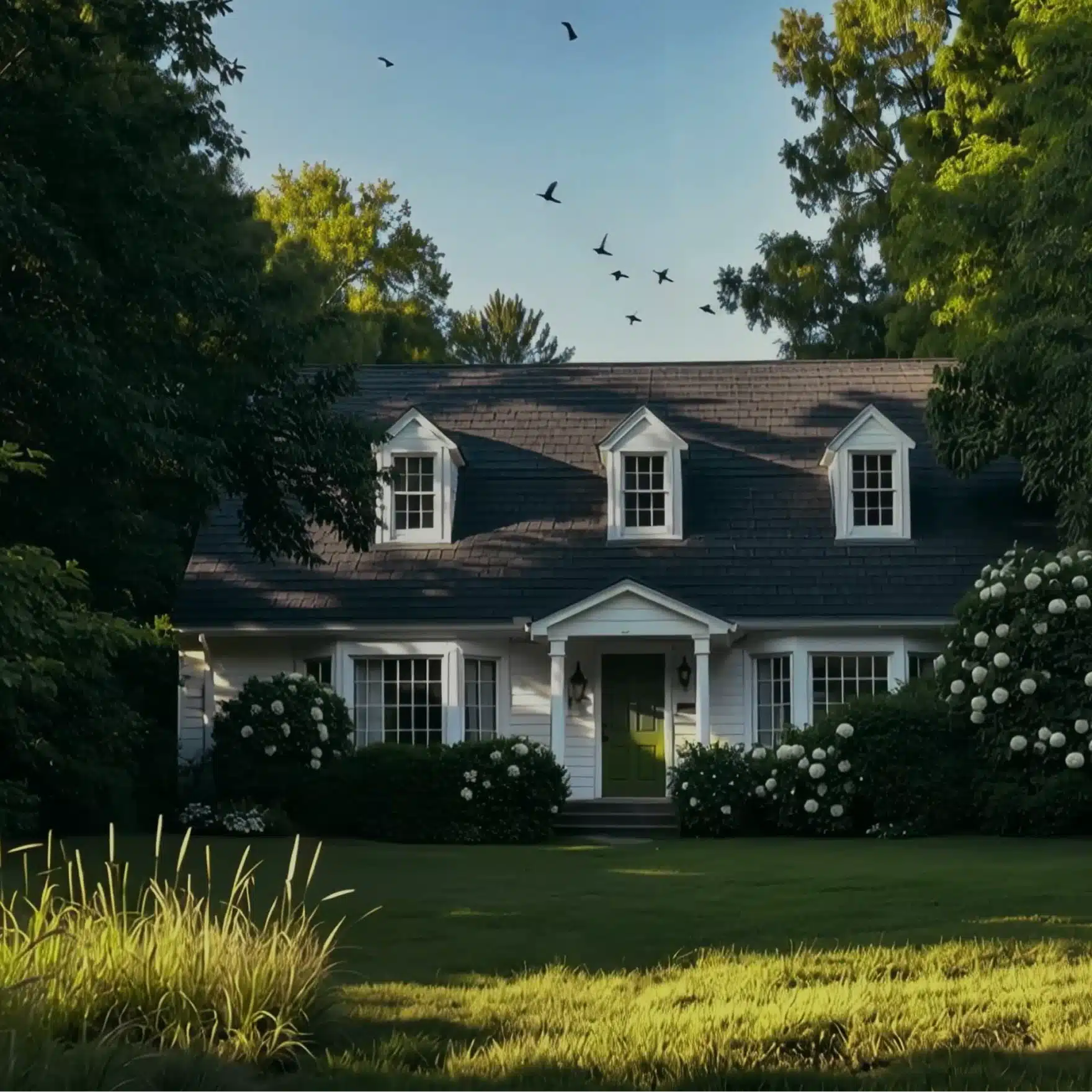 A beautiful house with a lush lawn and blooming shrubs showcases the iGarden Vision of a complete smart garden ecosystem.
