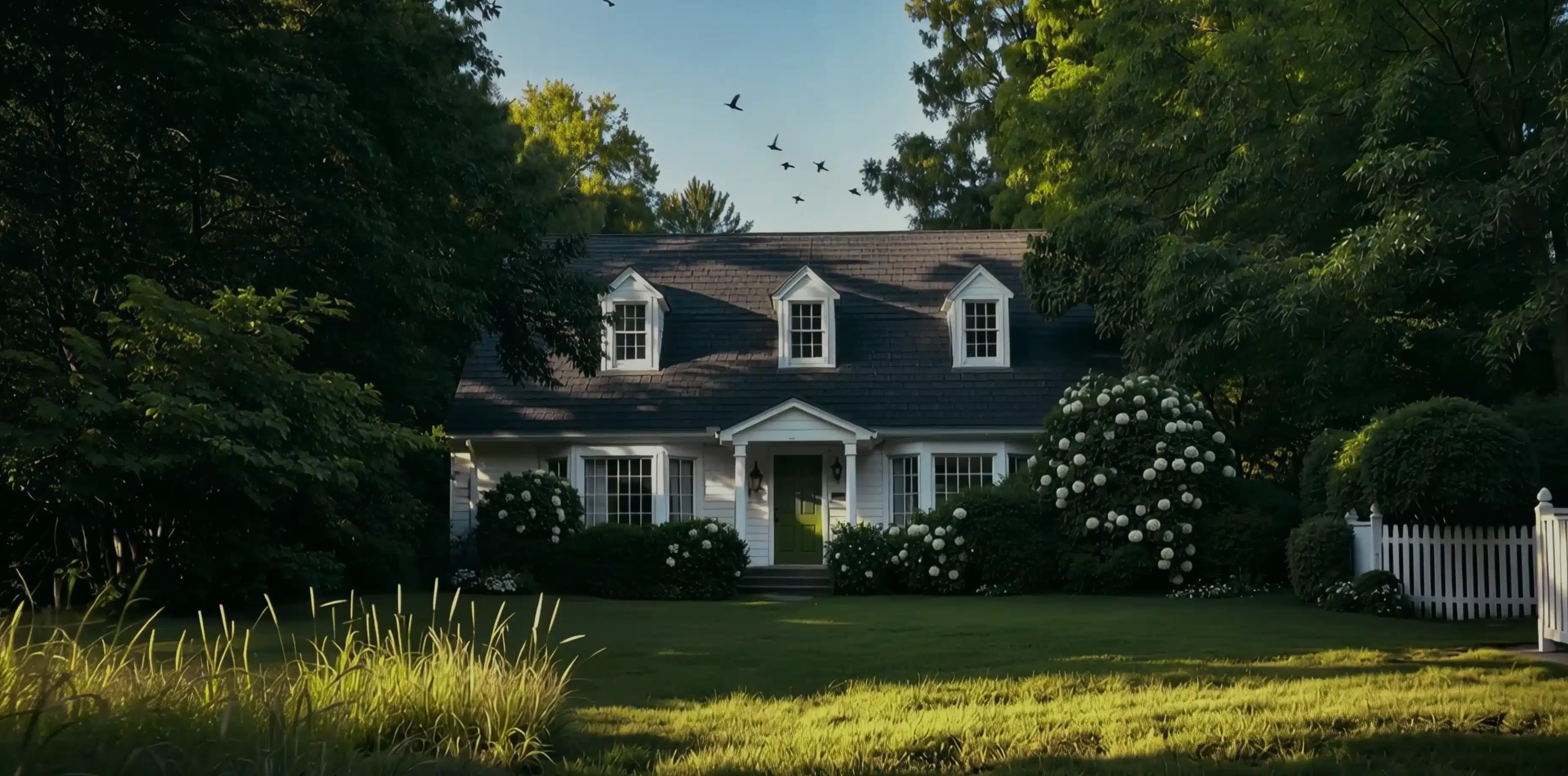 A beautiful house with a lush lawn and blooming shrubs showcases the iGarden Vision of a complete smart garden ecosystem.
