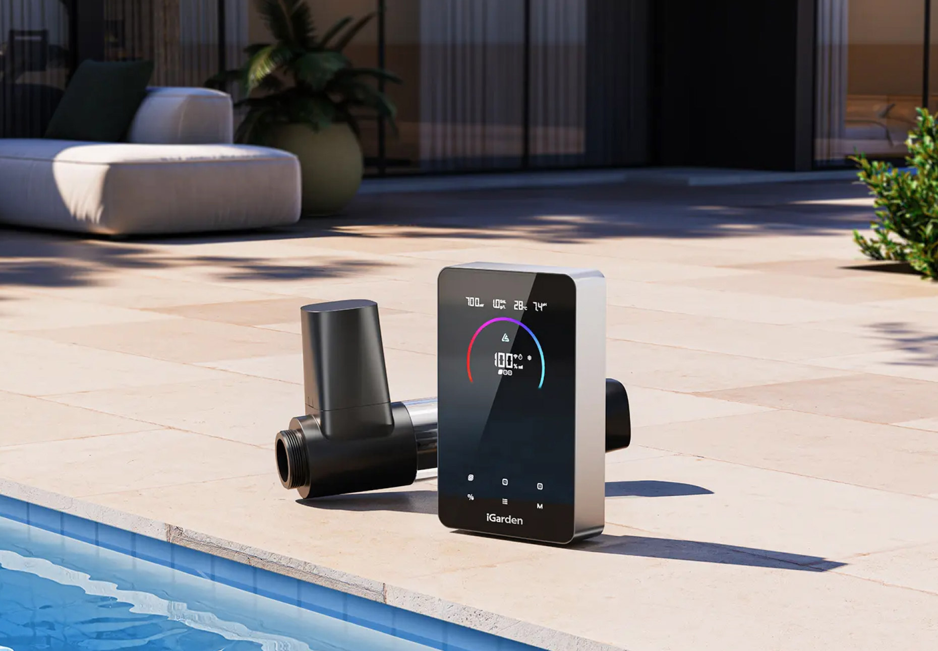 An illustration of the energy saving iGarden X Series Salt Chlorinator placed on a sunny patio next to a swimming pool.