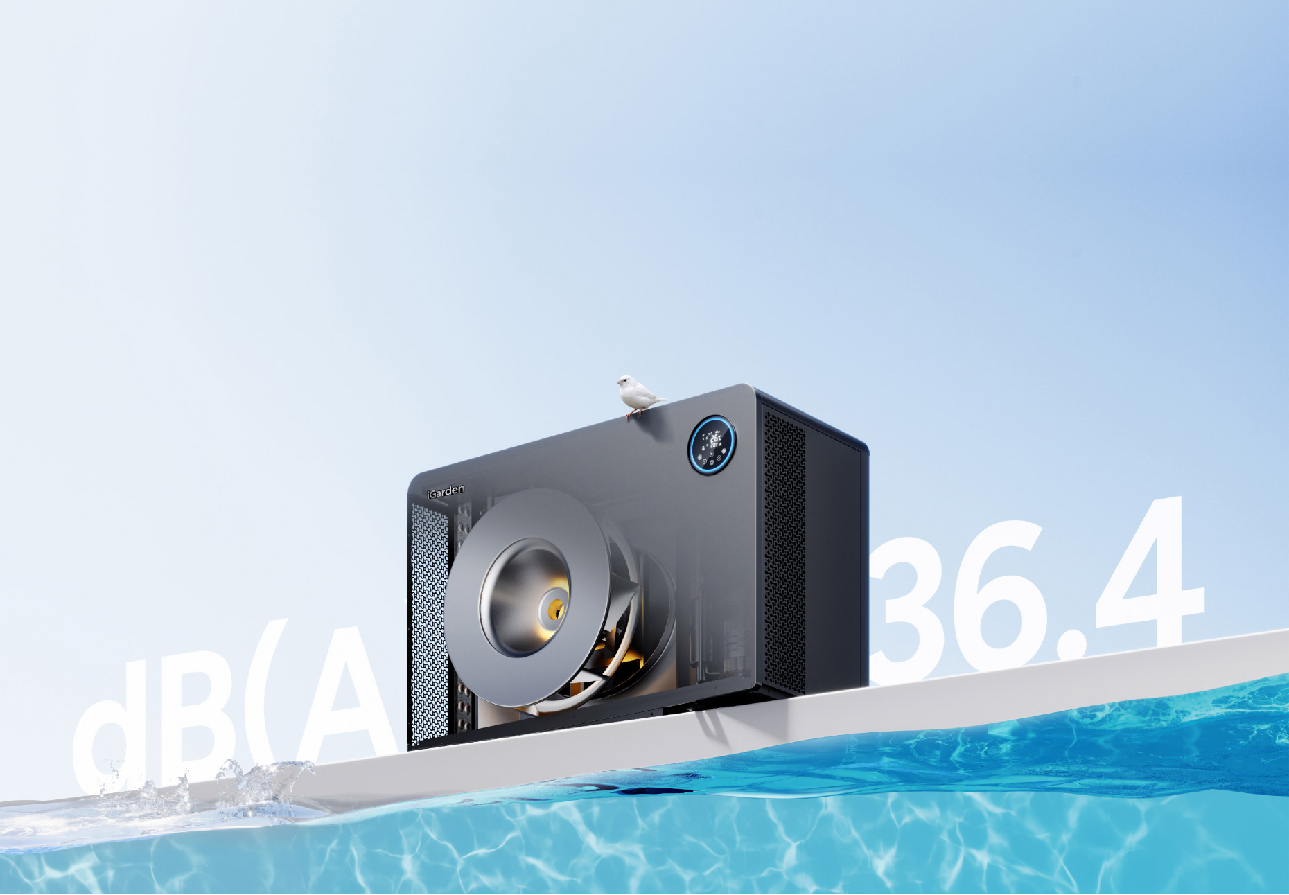 An illustration of the quiet iGarden Pool Heat Pump M30 operating at 36.4 dB(A), with a small bird resting peacefully on top.
