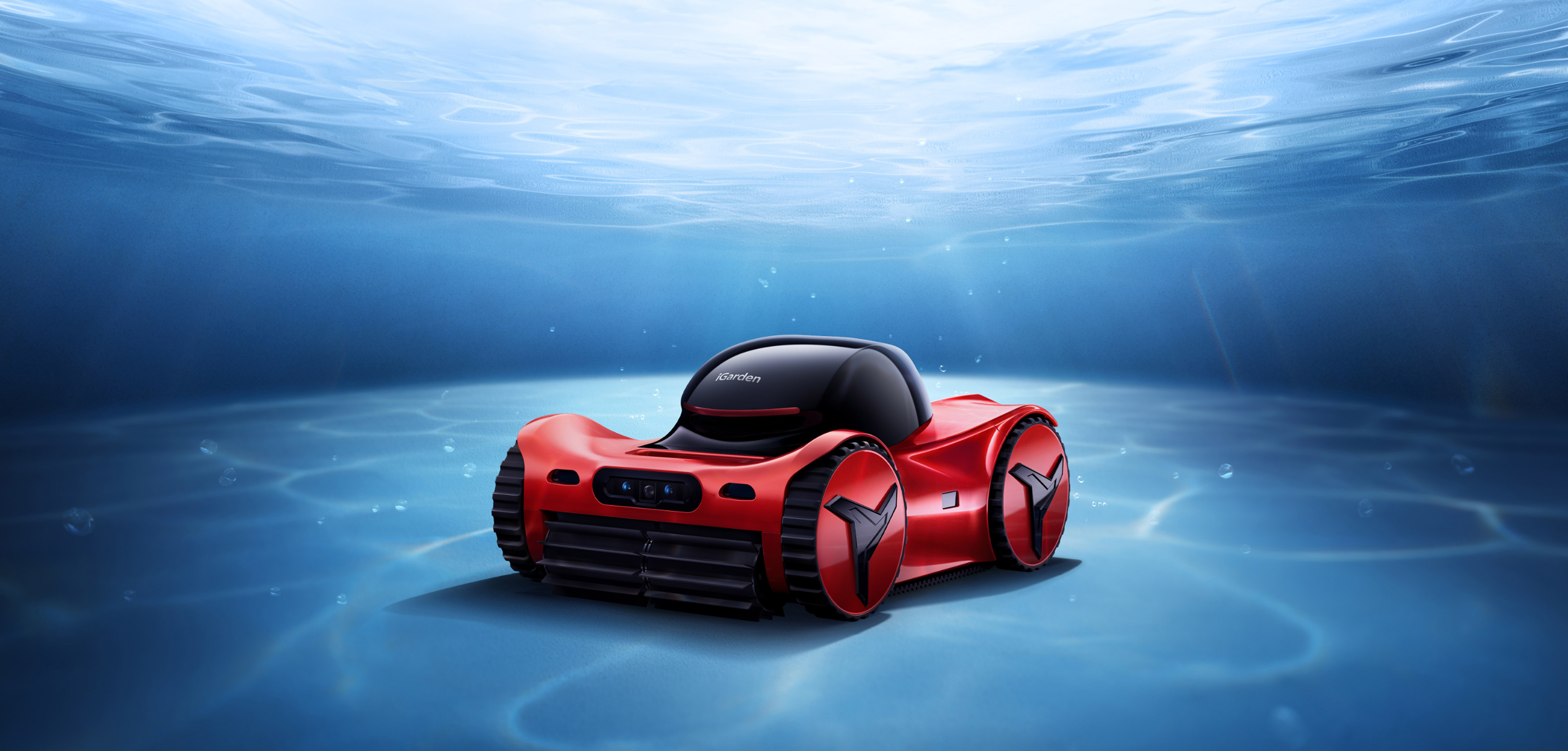 A sleek red igarden pool cleaner m1 series robotic pool vacum with black wheels and a rounded top moves underwater, surrounded by clear blue water and gentle light rays from above.