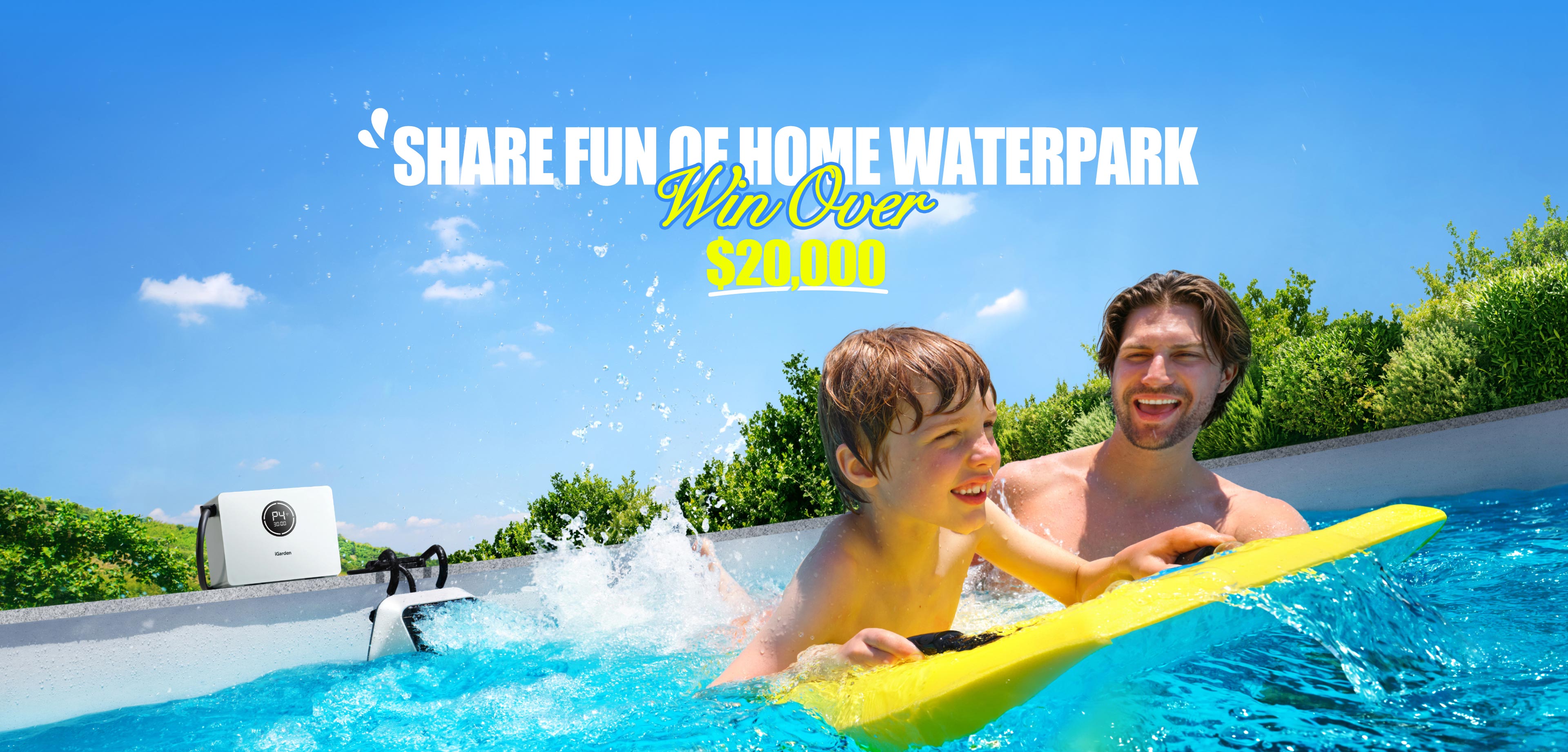 A man and boy laugh together on a yellow float in a backyard pool, splashing water under a bright blue sky. With the iGarden swim jet x powering playful waves, the fun never stops. Text above reads, Share fun of home waterpark. Win over $20,000.