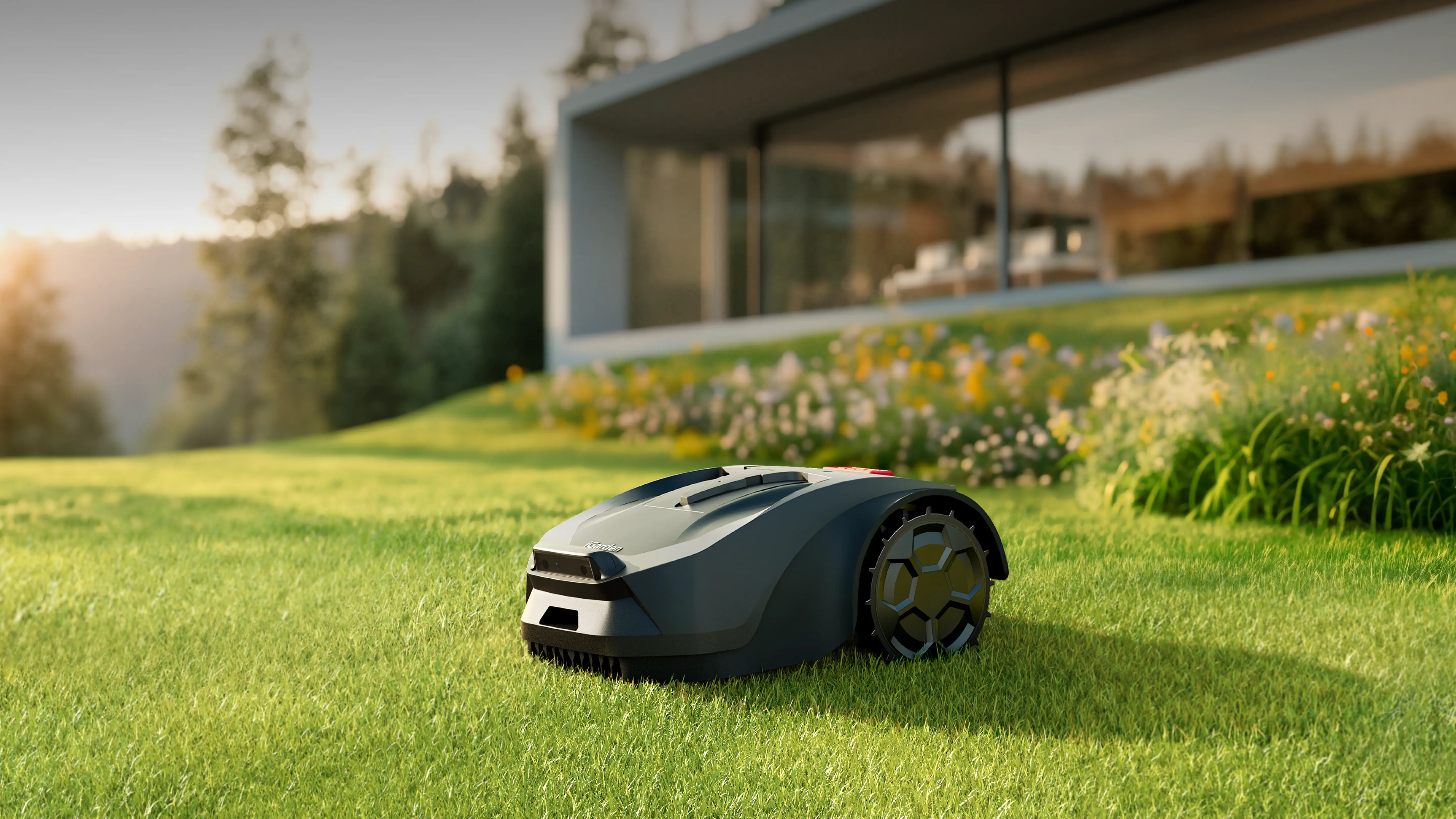 Robot cortacésped inalámbrico iGarden Lawn Mower R Series que funciona en un jardín soleado