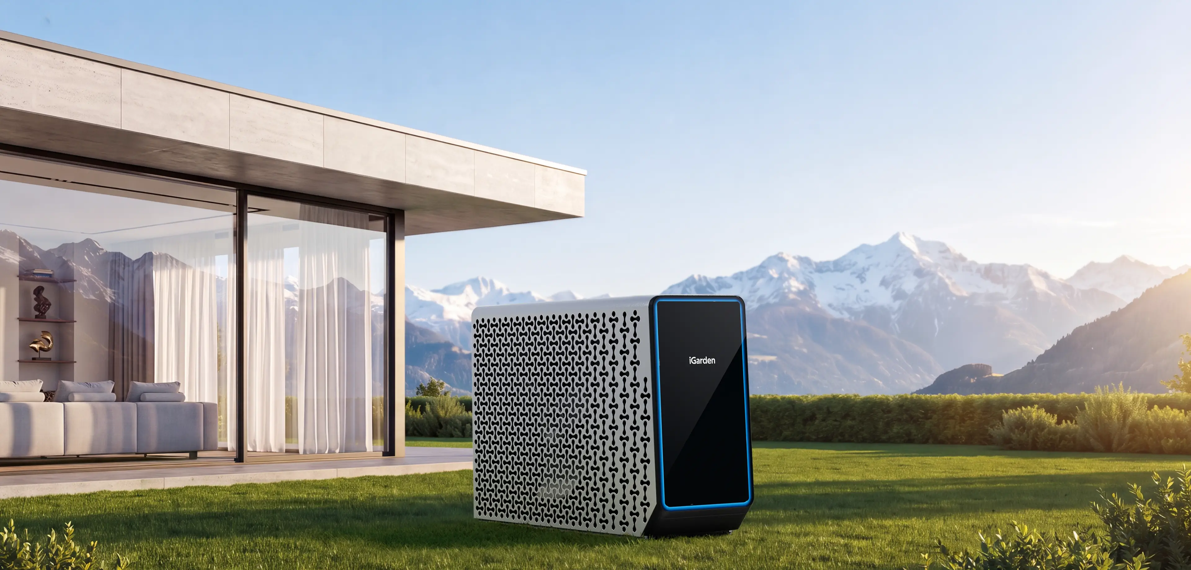 iGarden ATW AI Heat Pump X7 in front of house lawn