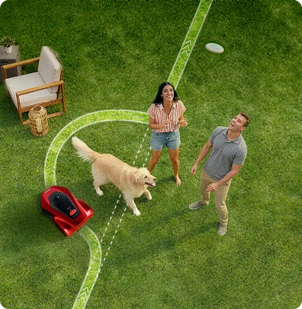 iGarden L AWD Series smartly avoiding a puppy on the lawn with advanced obstacle recognition