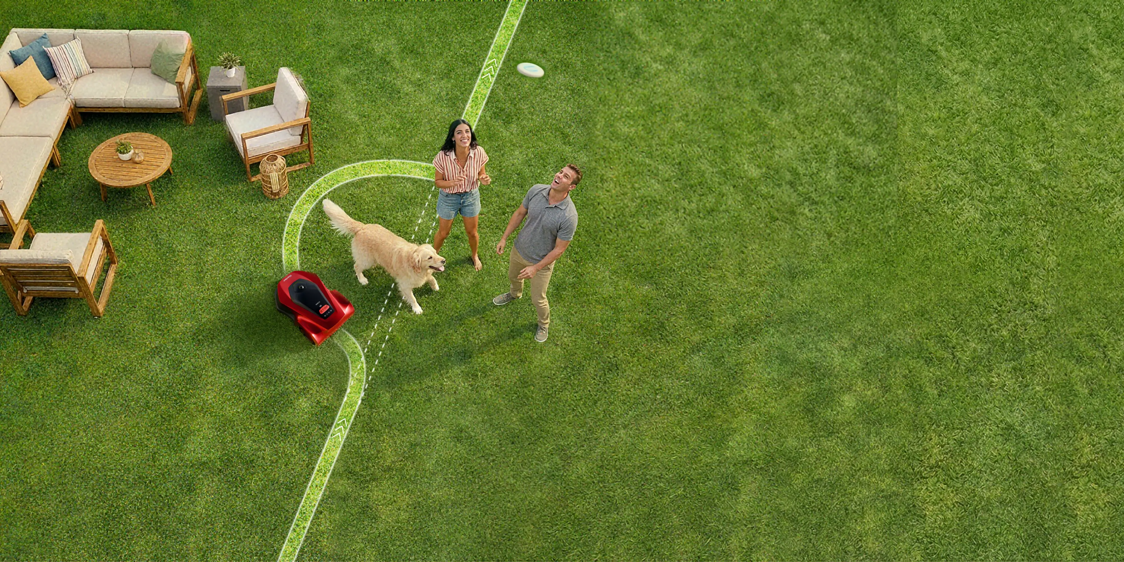 iGarden L AWD Series robot lawn mower safely navigating a large lawn while family and pets play