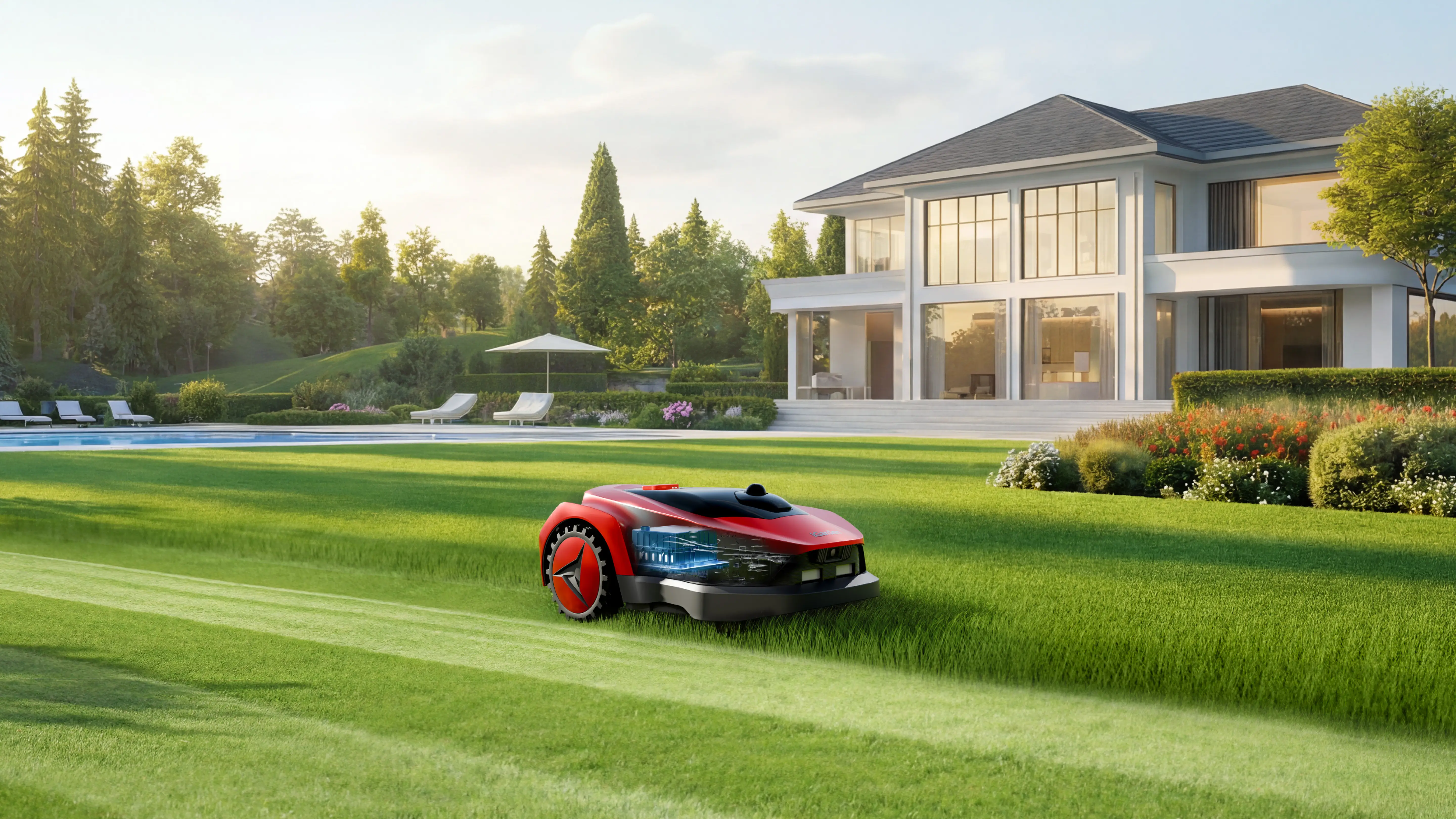 iGarden L AWD Series robotic lawn mower operating on a pristine lawn with powerful battery can support 8 hours continous mowing