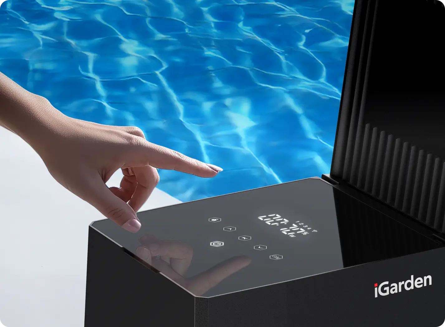 Hand adjusting the full touchscreen controls of the iGarden P Series pool pump next to a swimming pool