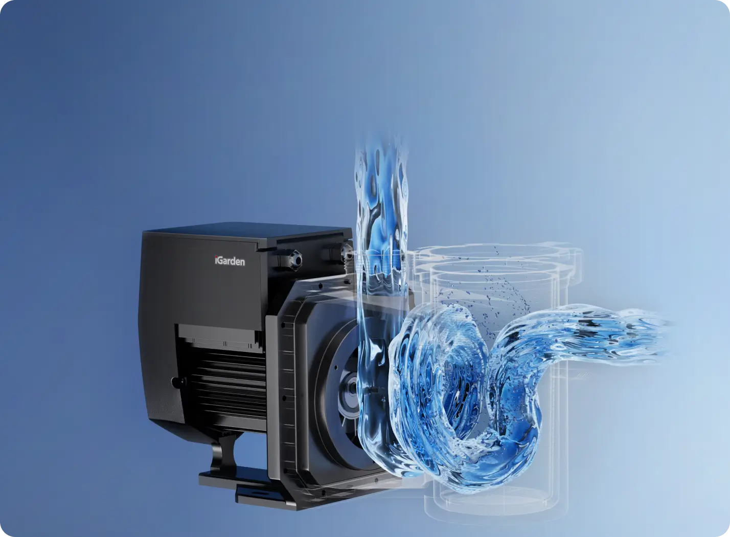 Water circulating through the transparent housing of the iGarden P Series variable-speed pool pump, running quietly at just 36 dBA